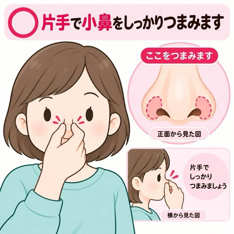 片手の親指と人差し指で小鼻のやわらかい部分をしっかりつまむ正しい方法