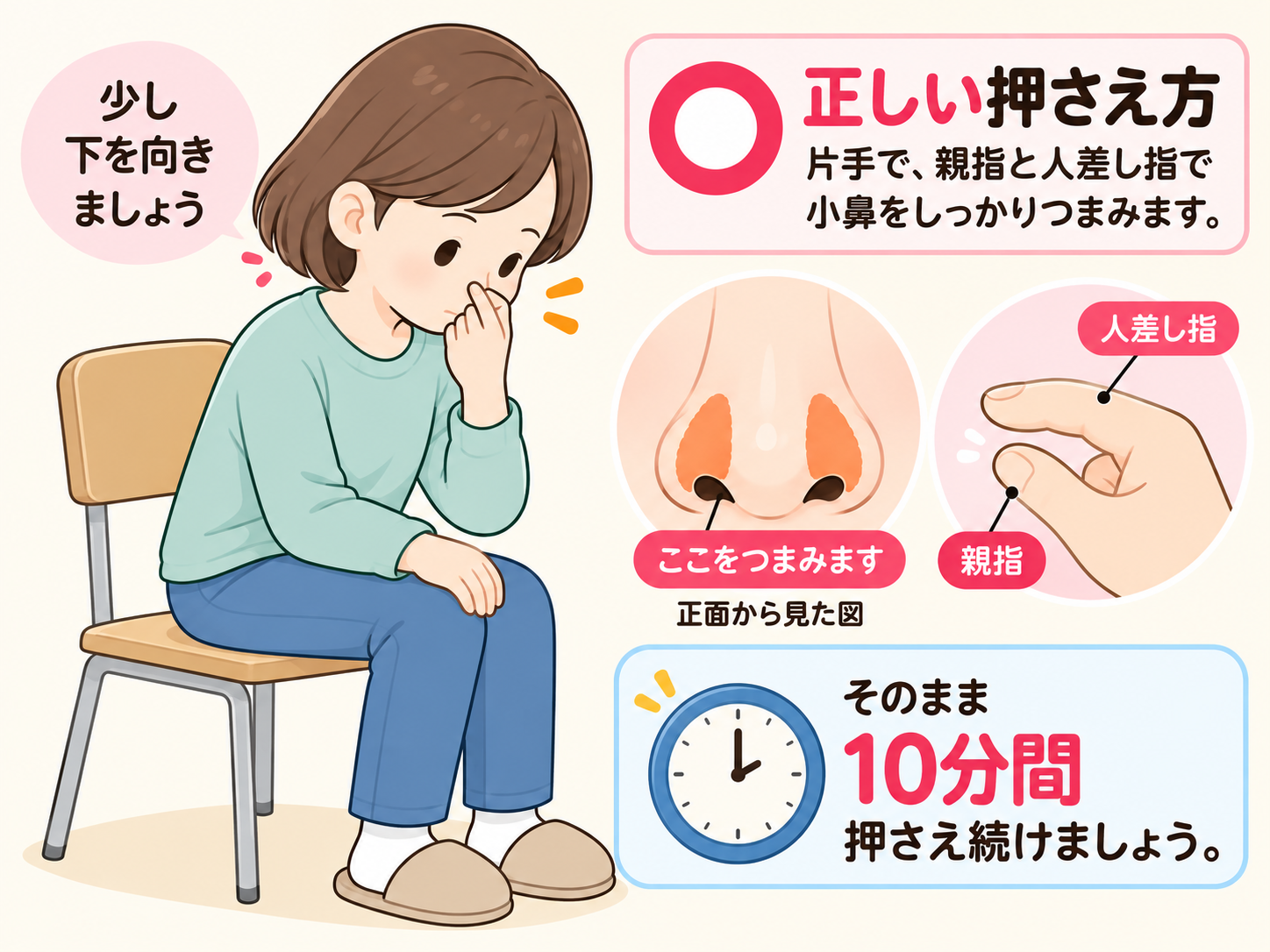 椅子に座って少し下を向き、片手の親指と人差し指で小鼻を押さえている正しい鼻血の止め方