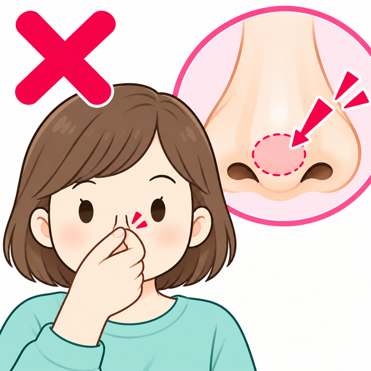 鼻先だけをつまんでいる間違った鼻血の止め方