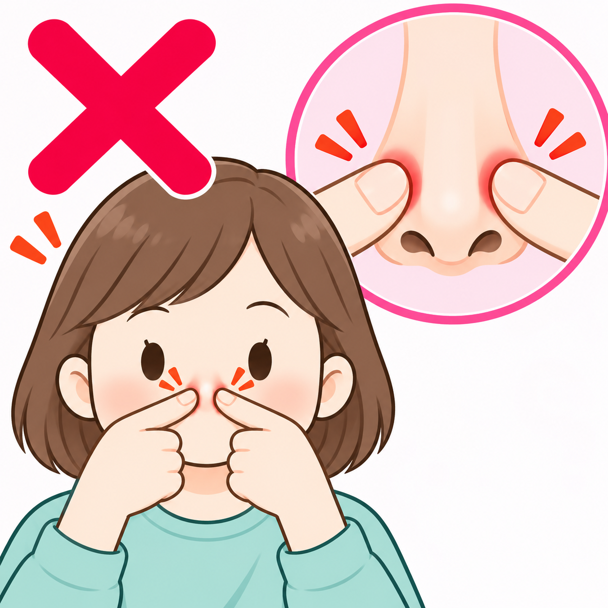 両手を使って小鼻を押さえている間違った方法
