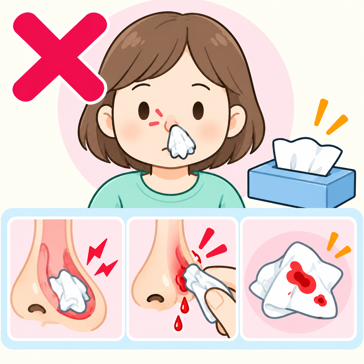 鼻の中にティッシュを詰め込んでいる間違った鼻血への対応