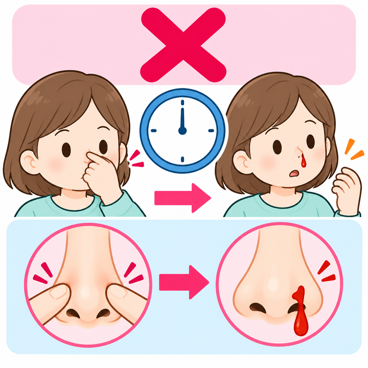 鼻を押さえながら10分間時間を測っている様子