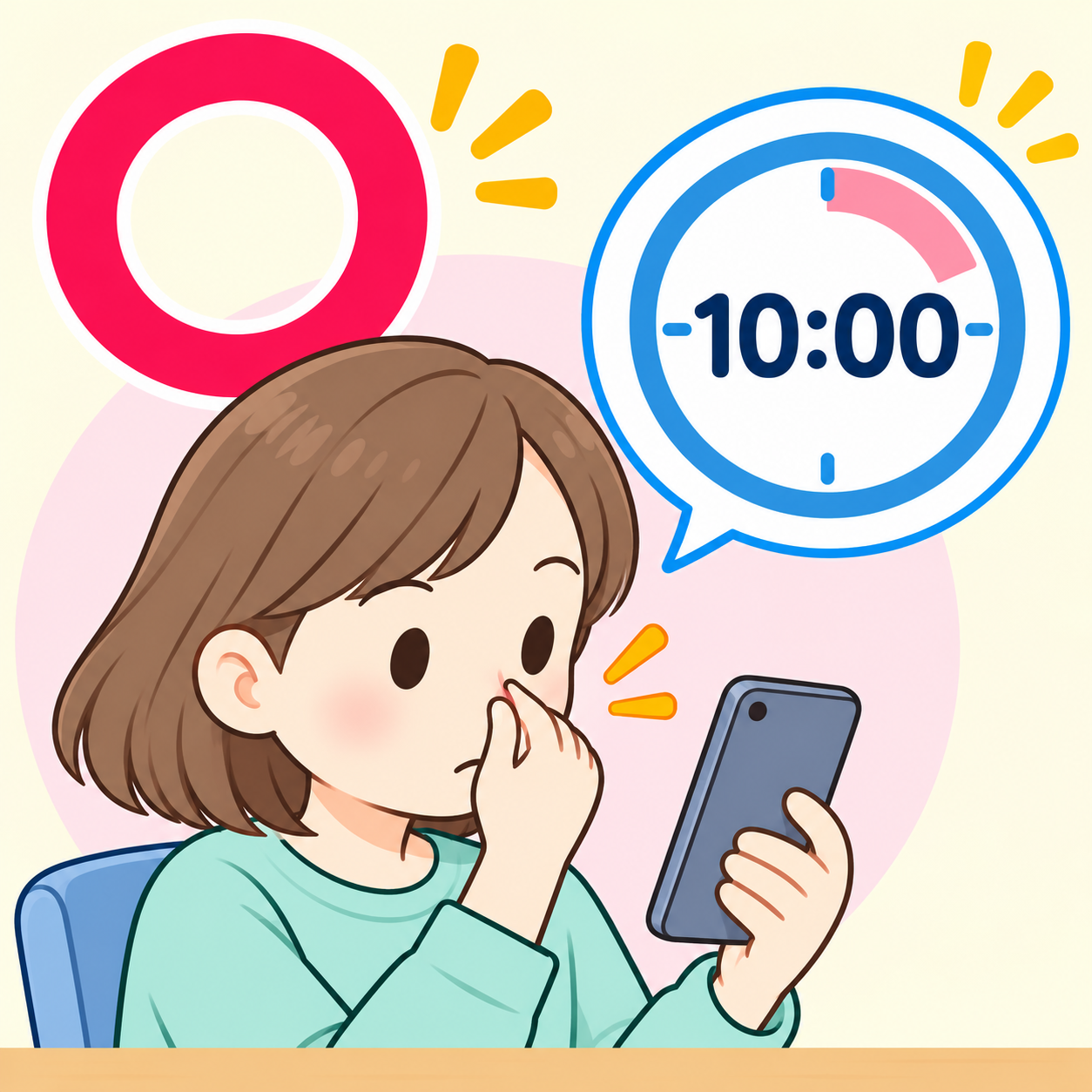 片手で鼻を押さえながらスマートフォンで10分を測っている様子