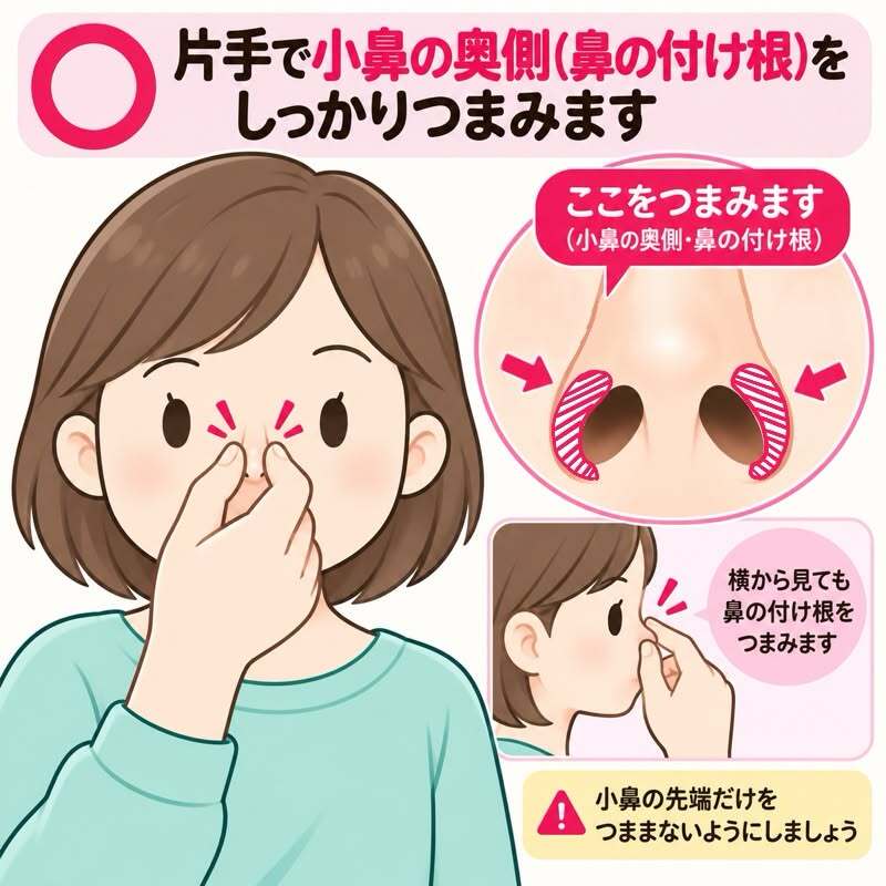 片手の親指と人差し指で小鼻のやわらかい部分をしっかりつまむ正しい方法